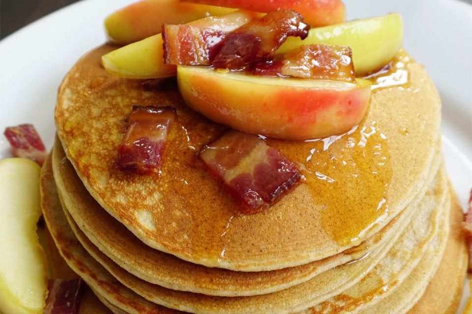 Stack of Apple Bacon Protein pancakes 